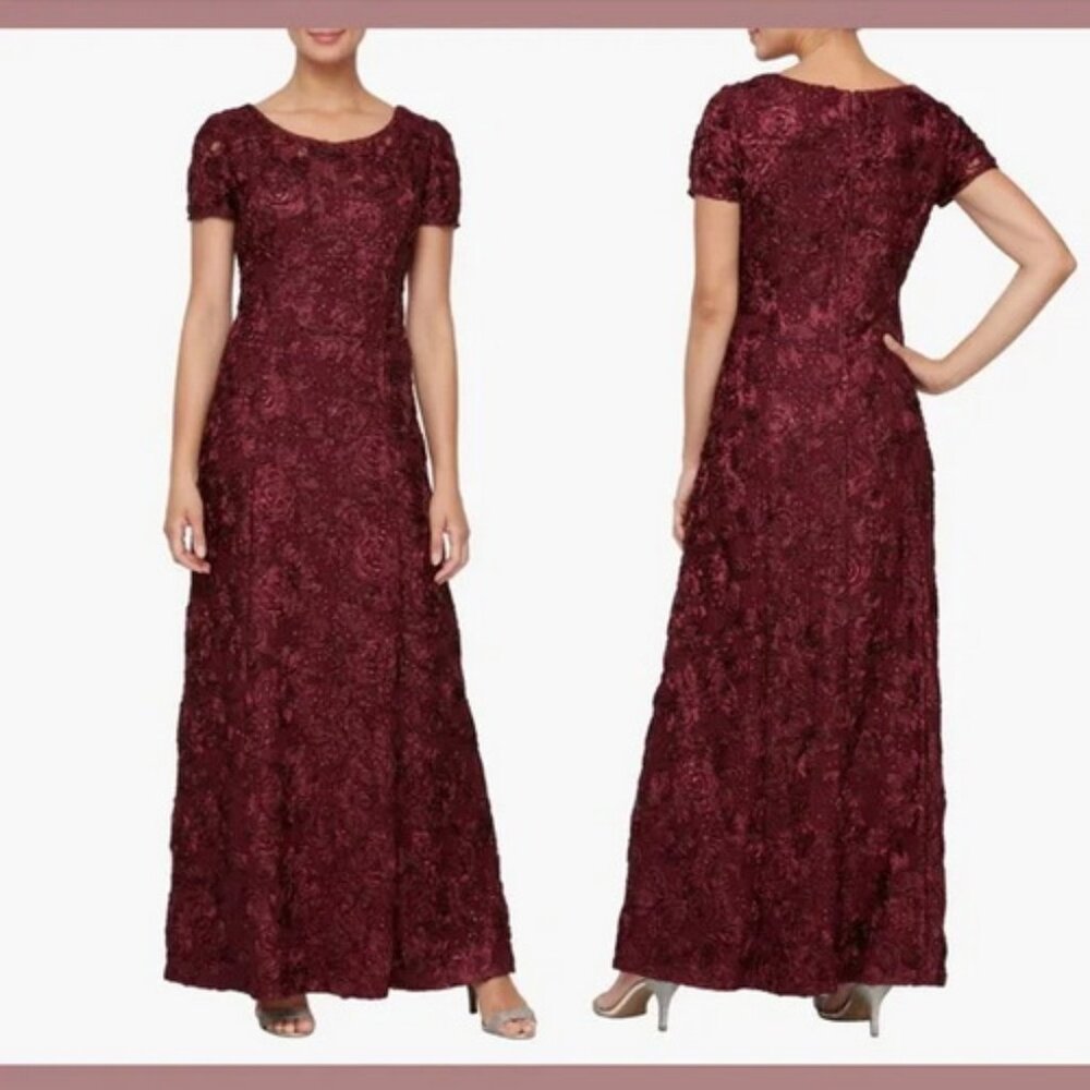Alex Evenings Merlot Burgundy Red Sequin Rosette Evening Gown